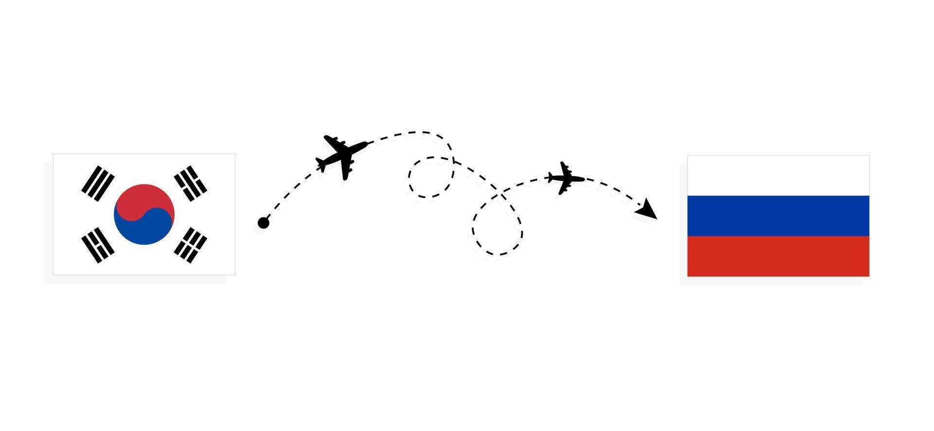 vlucht en reis van Zuid-Korea naar Rusland per reisconcept voor passagiersvliegtuigen vector