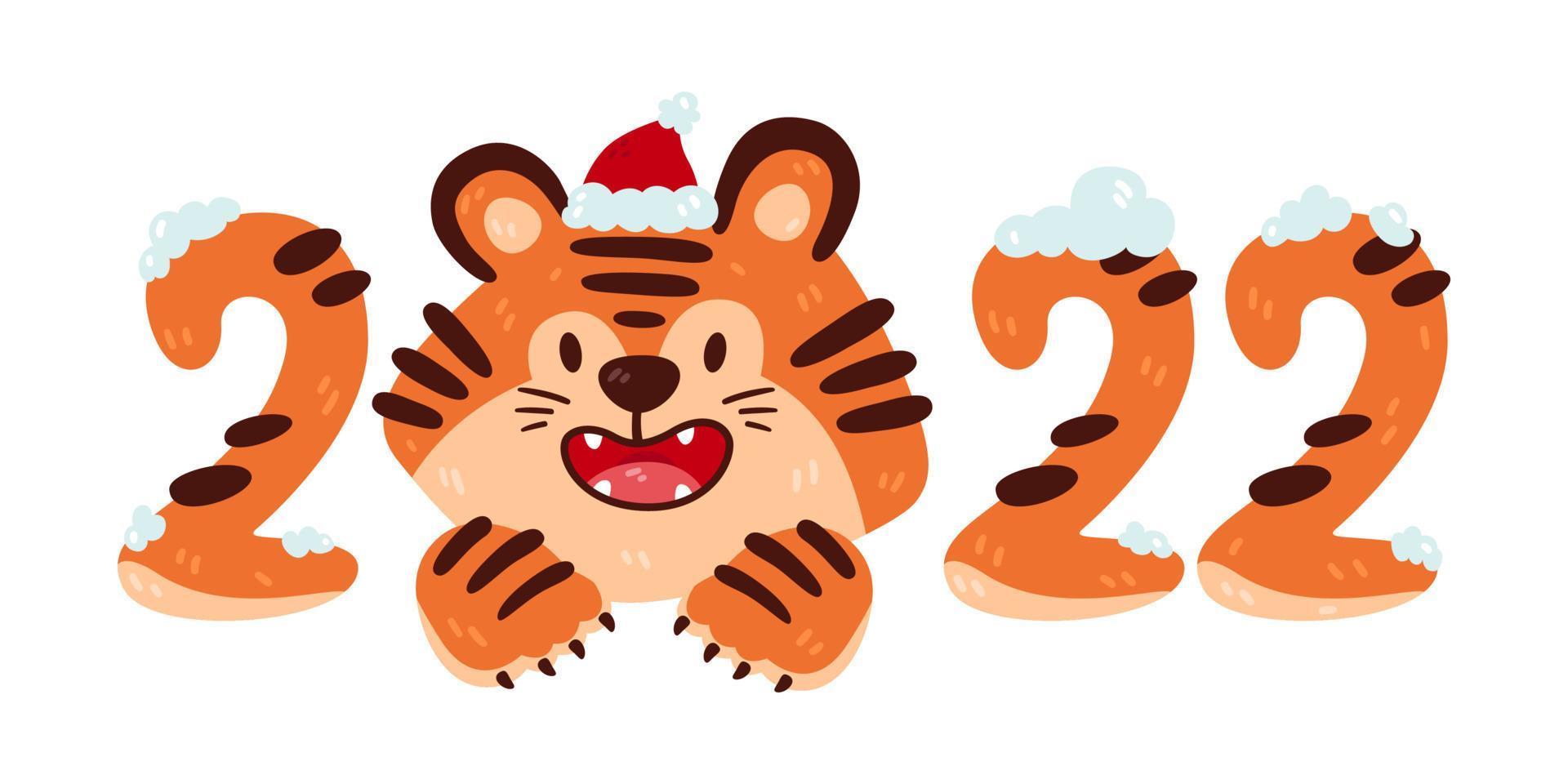 kerstmis lachende cartoon tijger 2022 met kerstmuts. chinees nieuwjaar dierenriem dier. kinderkamer print ontwerp. vectorillustratie geïsoleerd op een witte achtergrond. wenskaart sjabloon ontwerpelement. vector