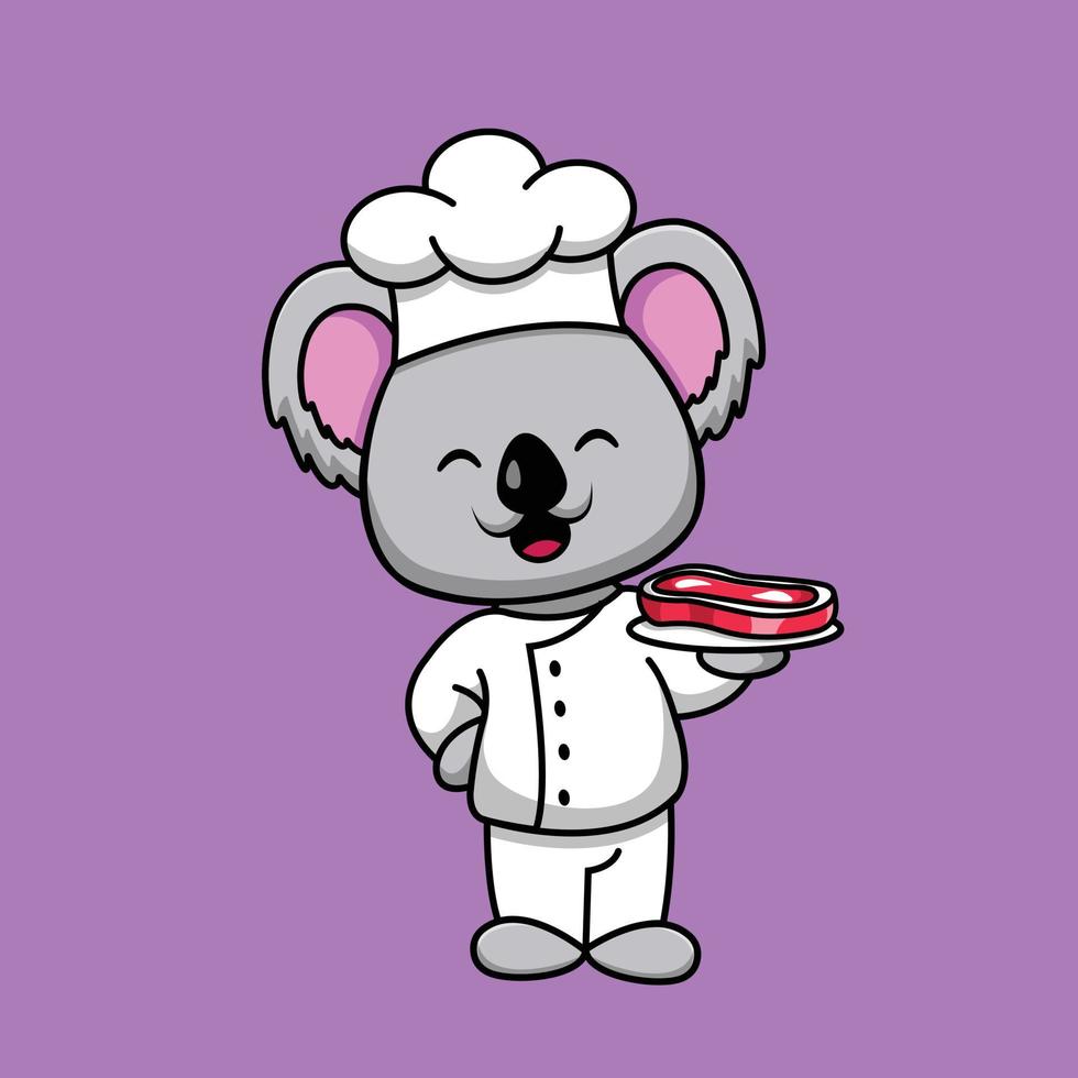 schattige chef-kok koala bedrijf biefstuk cartoon vector pictogram illustratie. dierlijk voedsel pictogram concept geïsoleerde premium vector. platte cartoonstijl