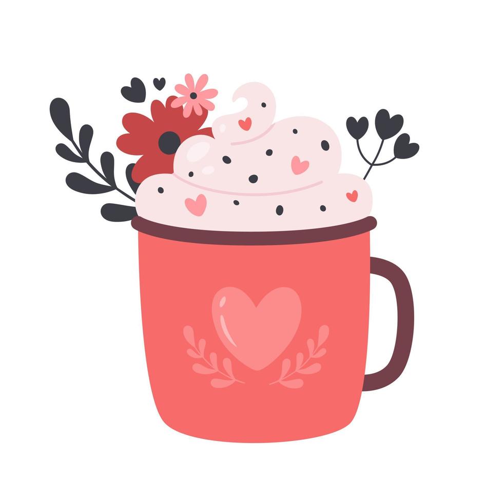 Valentijnsdag warme drank. koffiekopje met slagroom, hartjes en bloemen vector