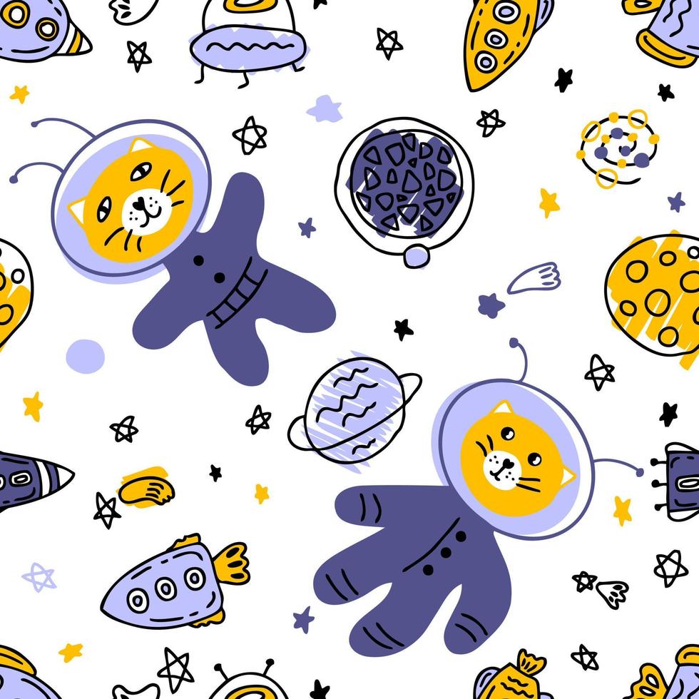 doodle naadloze patroon met katten astronauten in de ruimte. vector