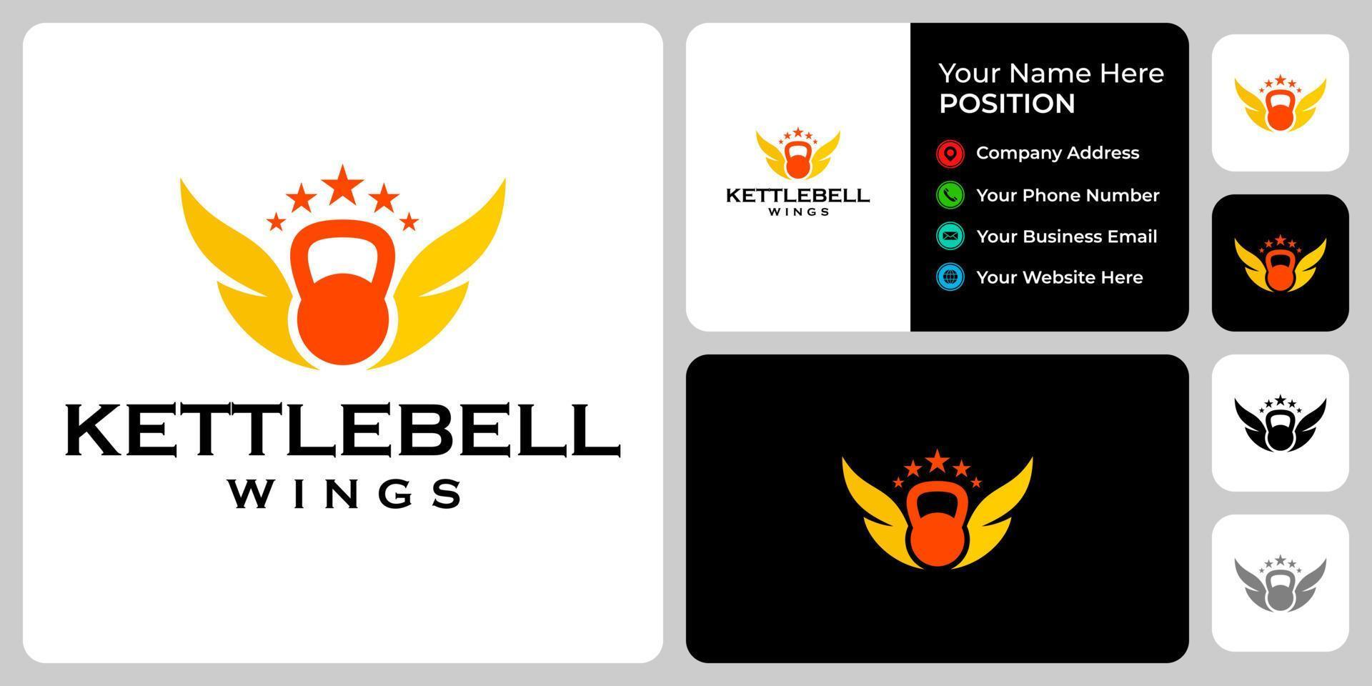 kettlebell en crown king logo-ontwerp met sjabloon voor visitekaartjes. vector