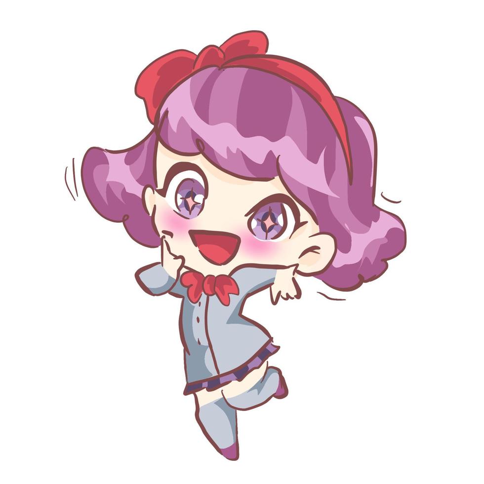schattig kawaii gelukkig meisje dat schooluniform draagt. uitdrukkingen, emoties, emoji. roze, paars, violet, peri. manga anime chibi kunst. opgewonden. plezier. vector