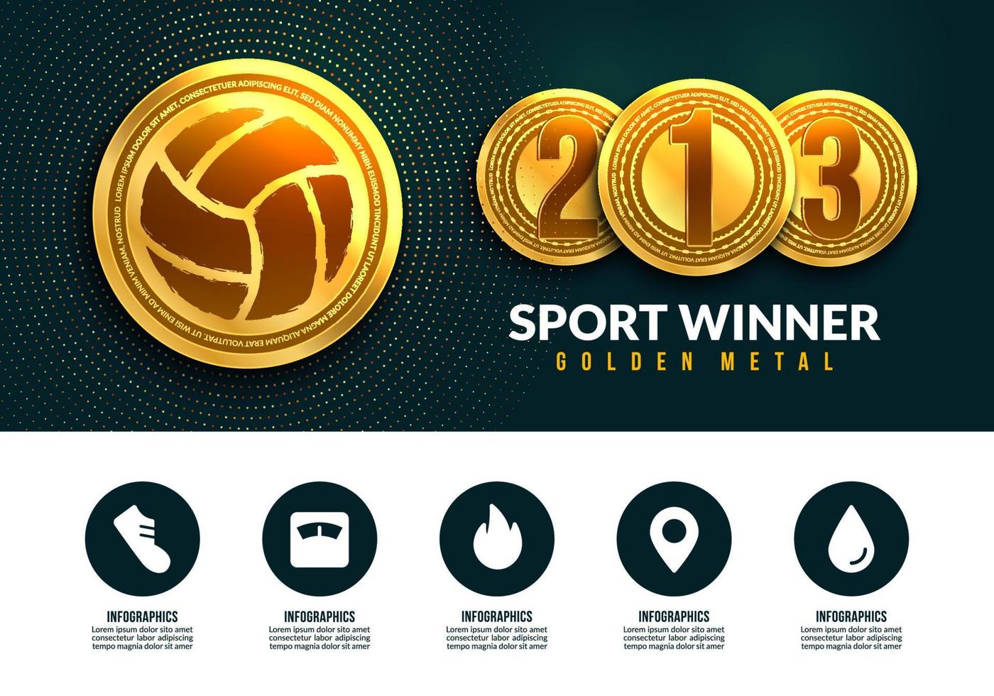 gouden medaille van volleybal voor winnaar met infographic iconen, sportwinnende medailles voor eerste tweede en derde plaats banner vector