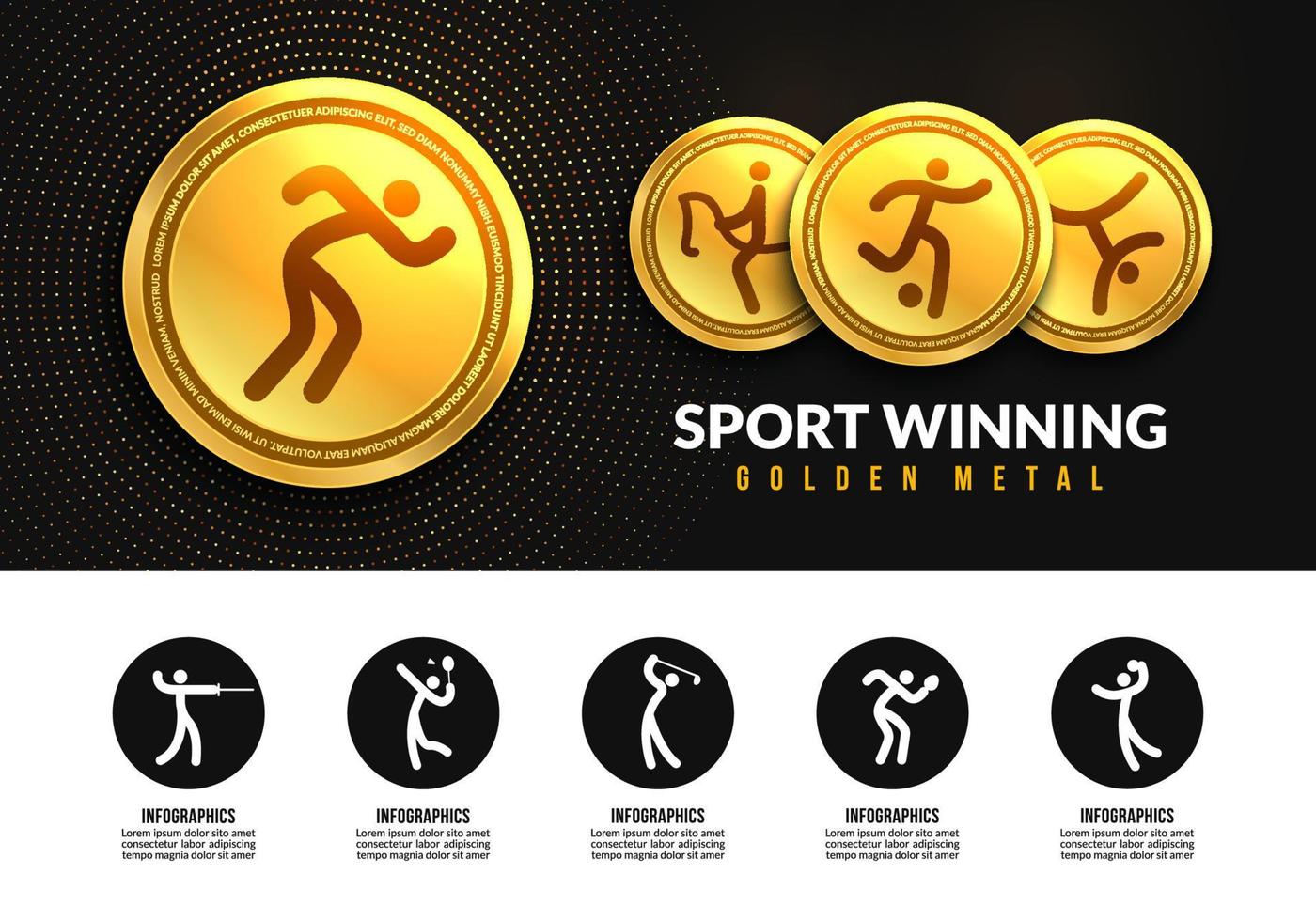 sport winnende gouden medailles, sport infographic pictogrammen, sportclub logo concept. realistische medailles voor eerste tweede derde plaatsing vector