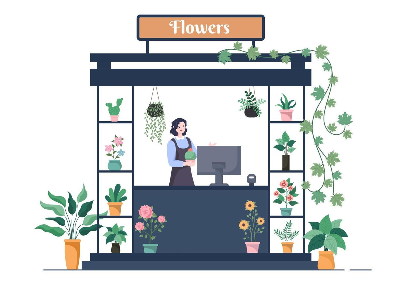 bloemenwinkel en plantenwinkel met zorg voor bloemisten, biologische natuurlijke producten voor huistuin groene decoratie in platte achtergrond vectorillustratie vector