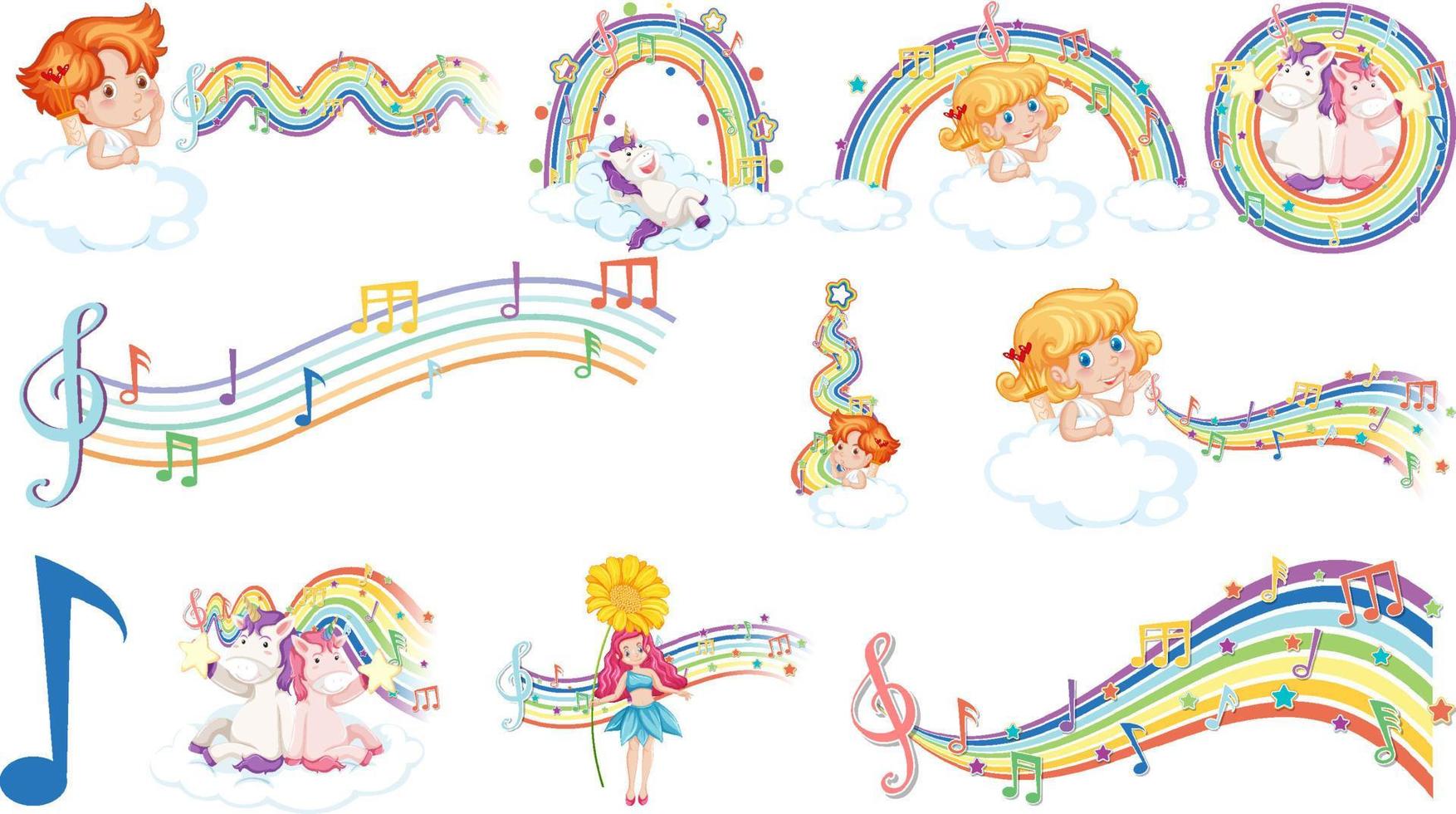 set fantasiefeeën en cupido's met regenboogelementen vector