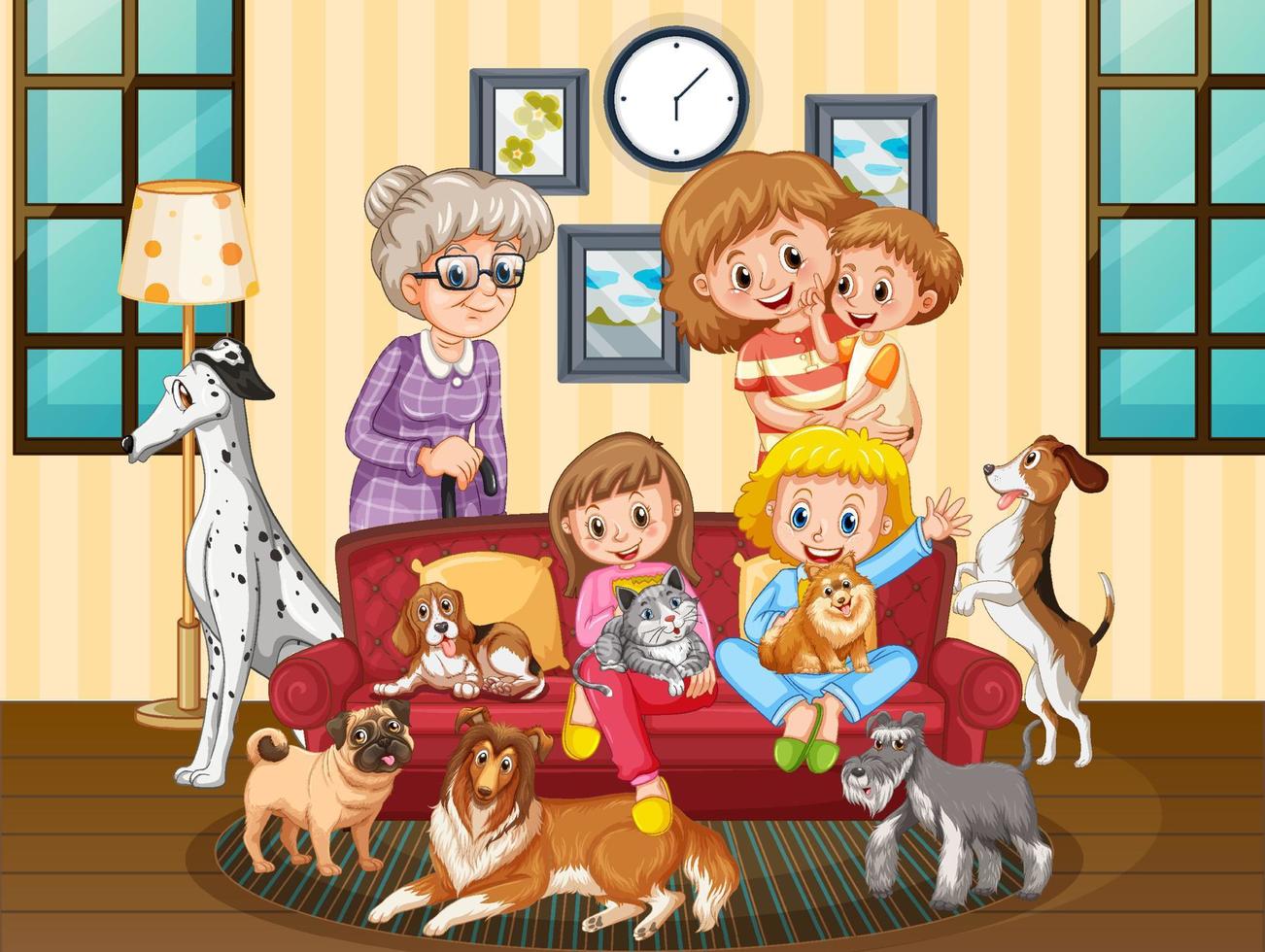 familieleden in de woonkamer scene vector