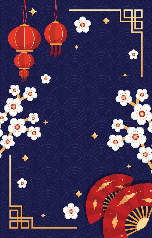 bloem lantaarn fan gelukkig chinees nieuwjaar viering blauwe wenskaart vector