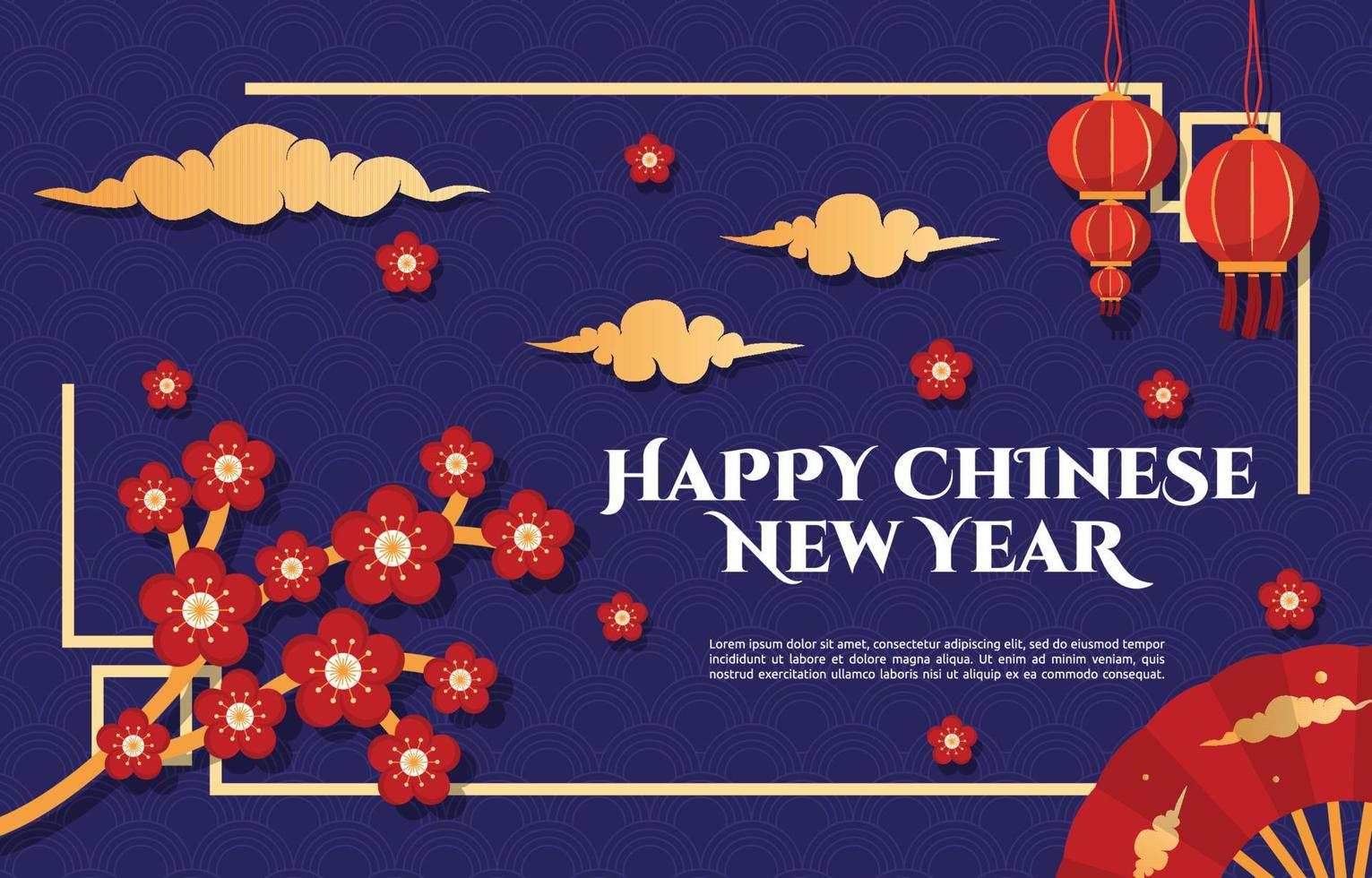 bloem lantaarn waaier wolk gelukkig chinees nieuwjaar viering wenskaart vector