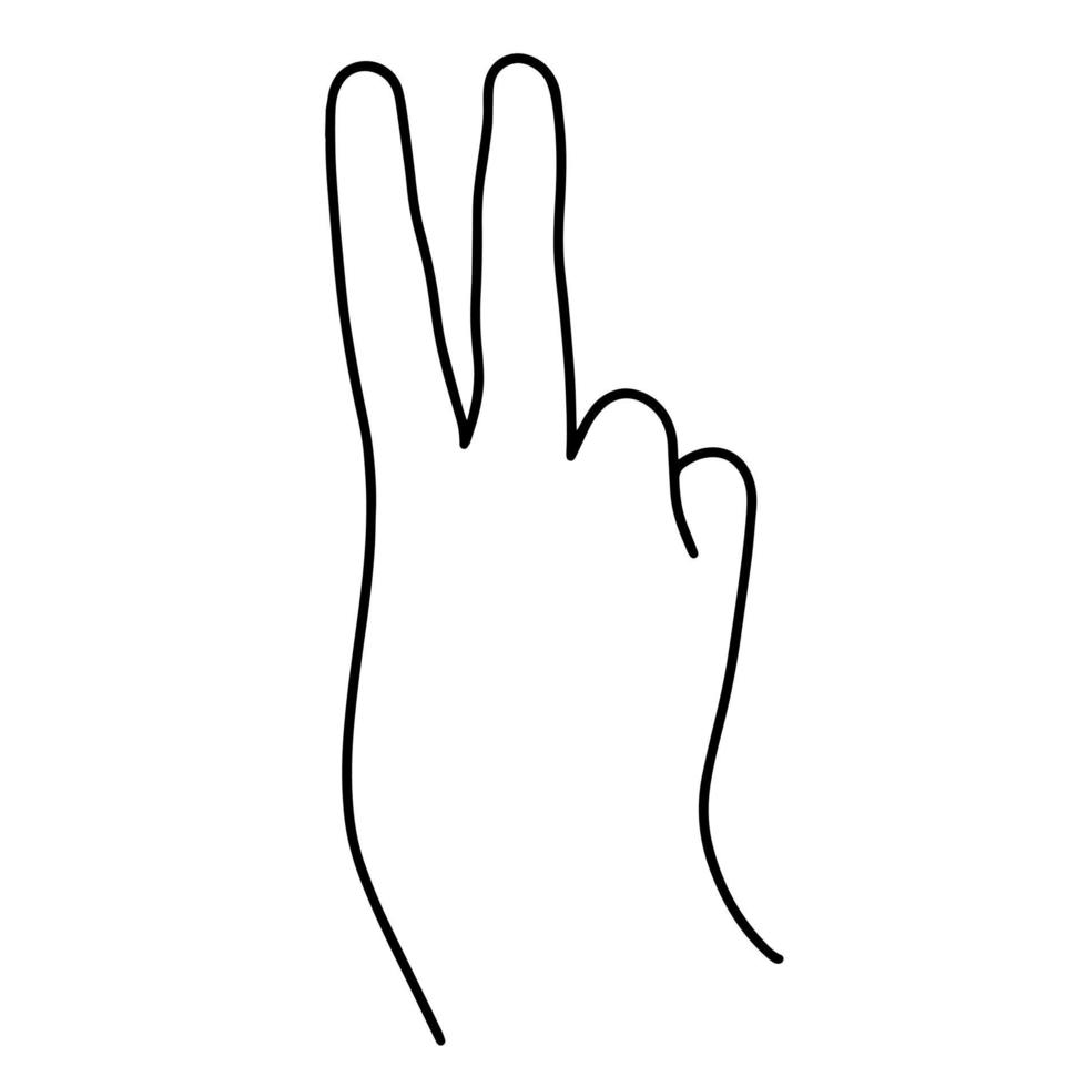 de rechterhand toont het symbool van de overwinning. vector pictogram geïsoleerd op een witte achtergrond. de man toont de wijs- en middelvinger, een gebaar van vrede. eenvoudige schets, zwart-wit doodle.