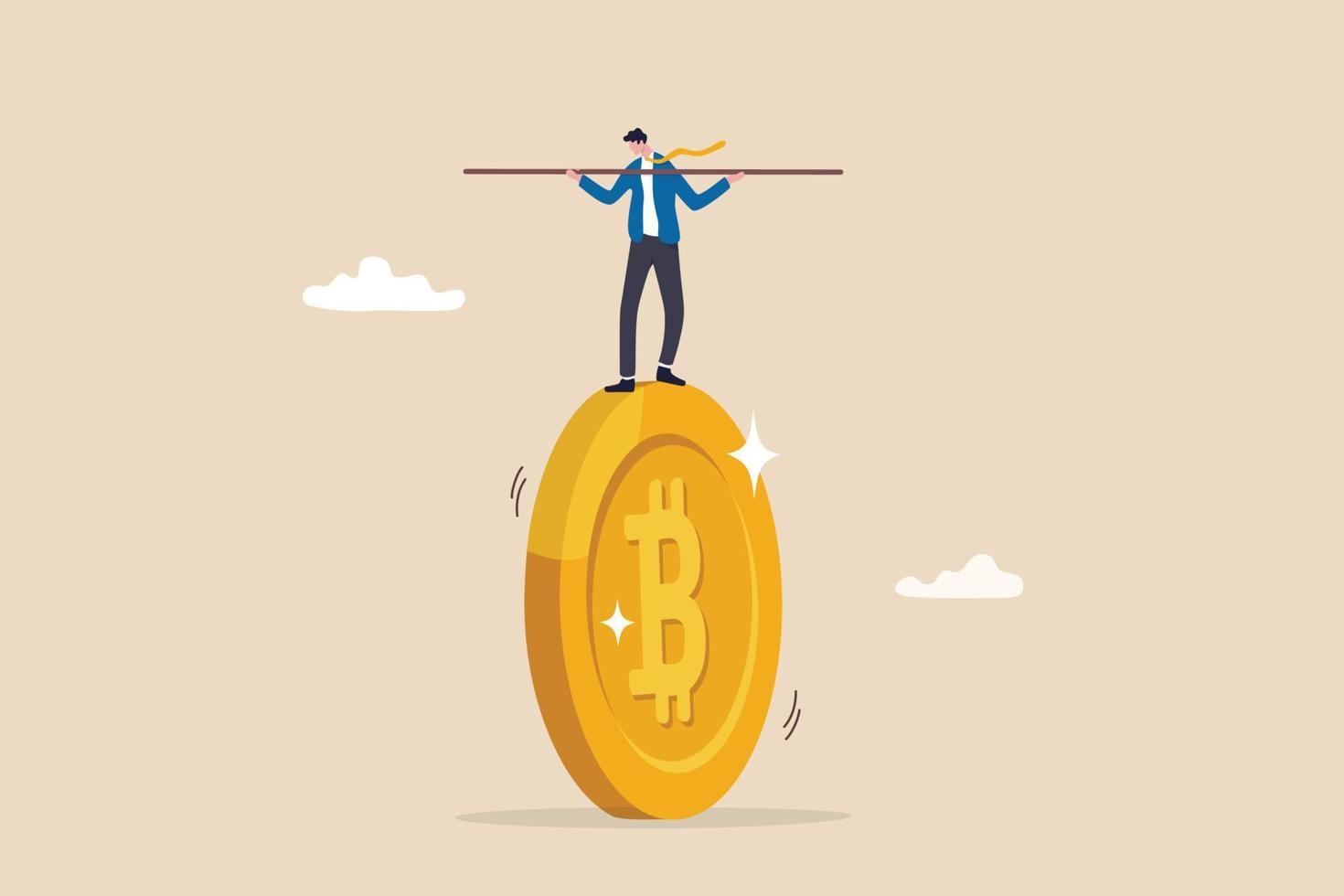 bitcoin en crypto-investeringsrisico, balans tussen risico en rendement, cryptocurrency-uitdaging om volatiliteit te overwinnen en winst te maken, zakenmaninvesteerder balancerend als acrobaat op gigantische bitcoin vector