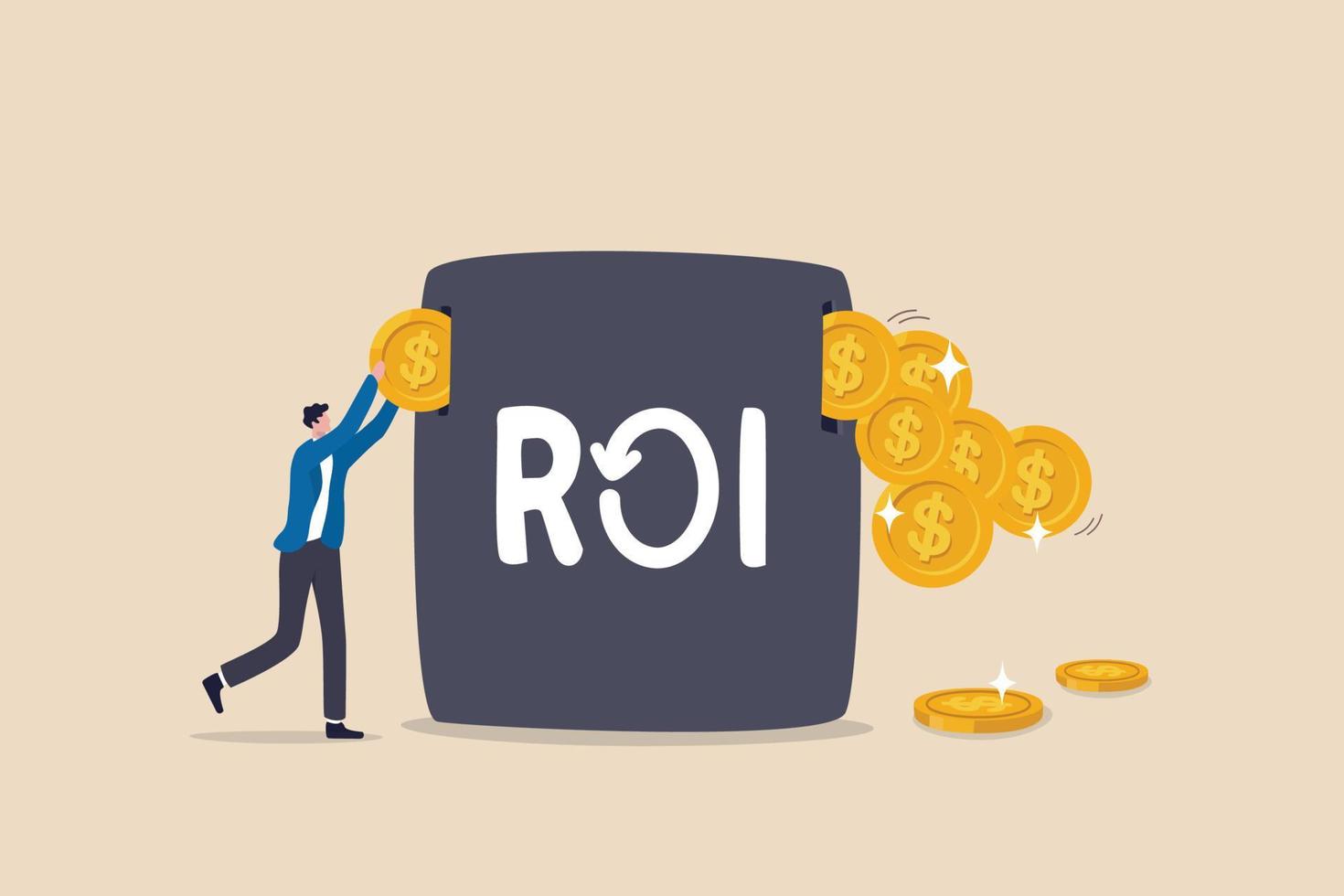 roi, rendement op investering prestatiemaatstaf van geïnvesteerde kosten en winstefficiëntie, marketingkosten om campagnesuccesconcept te krijgen, zakenman investeert geldmunt in roi-box om rendementswinst te krijgen. vector