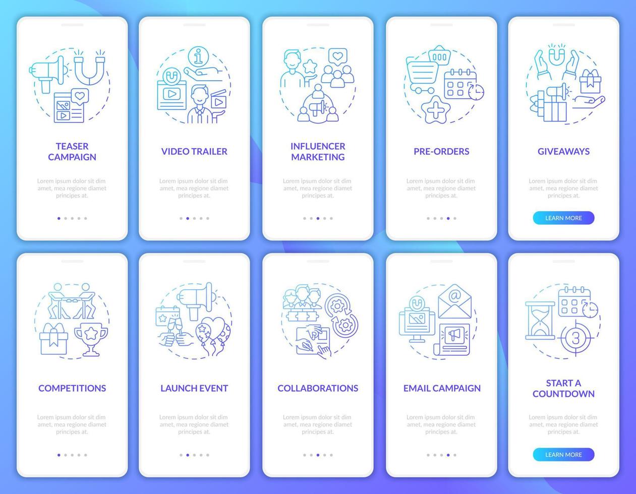 tips voor kleine bedrijven onboarding paginaschermset voor mobiele apps. opstarten lancering walkthrough 5 stappen grafische instructies met concepten. ui, ux, gui vectorsjabloon met lineaire kleurenillustraties vector