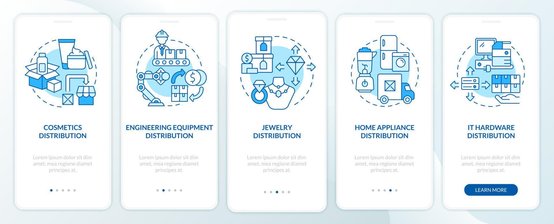 distributie goederen kiezen tips onboarding mobiele app paginascherm. groothandel walkthrough 5 stappen grafische instructies met concepten. ui, ux, gui vectorsjabloon met lineaire kleurenillustraties vector