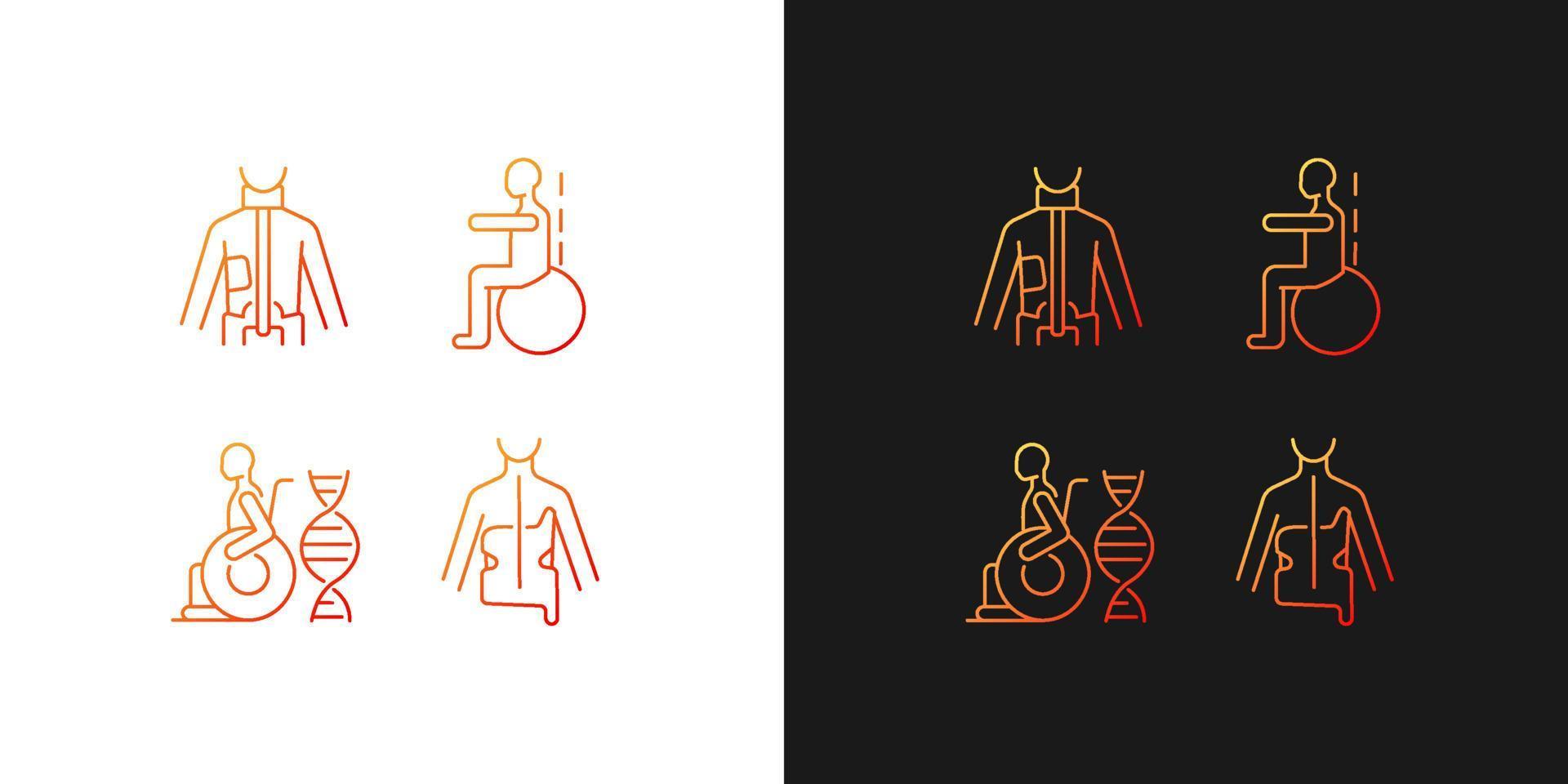 scoliose preventie methoden verloop pictogrammen ingesteld voor donkere en lichte modus. correctie van de wervelkolom. dunne lijn contour symbolen bundel. geïsoleerde vector overzicht illustraties collectie op zwart-wit