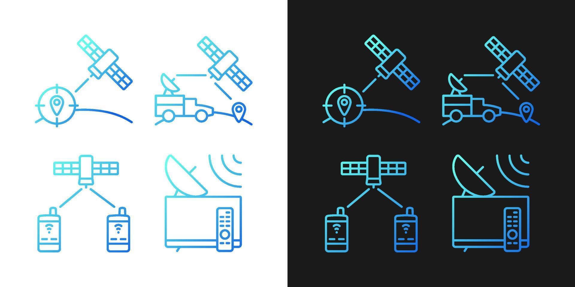 communicatiesatellieten verlooppictogrammen ingesteld voor donkere en lichte modus. dunne lijn contour symbolen bundel. geïsoleerde vector overzicht illustraties collectie op zwart-wit