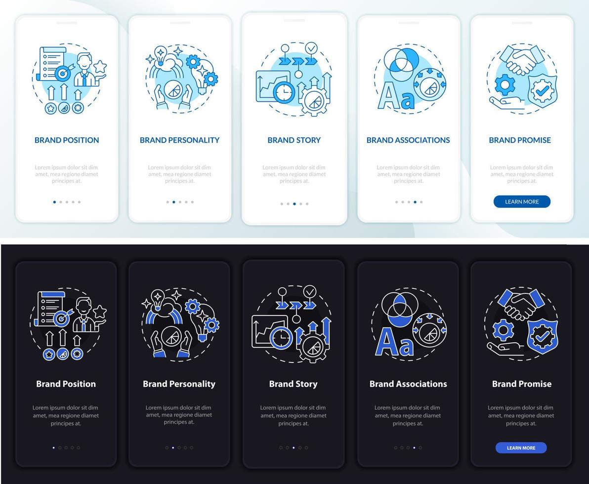 belangrijkste merkelementen donker en licht onboarding-paginascherm voor mobiele apps. zakelijke walkthrough 5 stappen grafische instructies met concepten. ui, ux, gui vectorsjabloon met illustraties in de nacht- en dagmodus vector