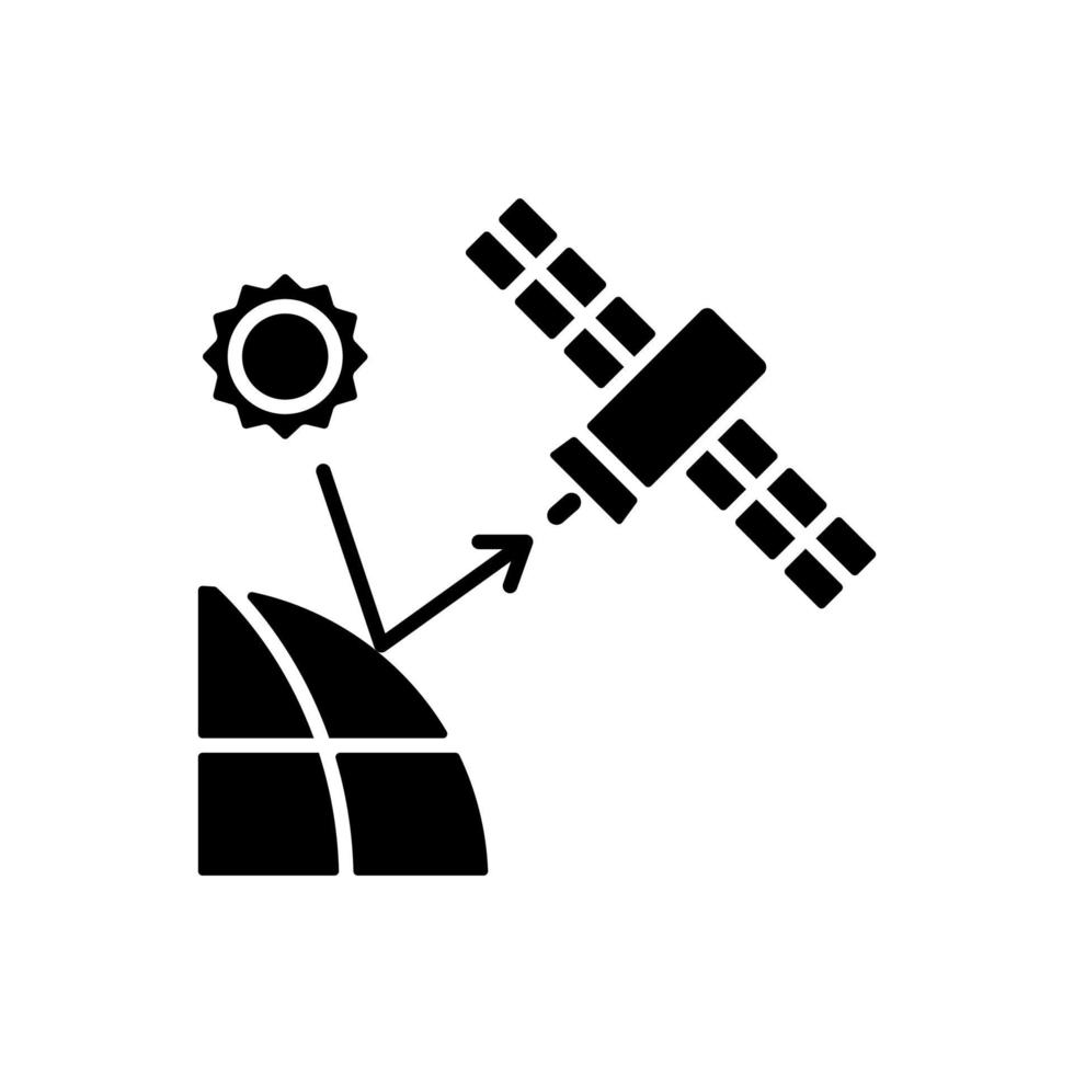 remote sensing satelliet zwart glyph-pictogram. digitale aarde conceptualisatie. planeet replica maken. aardobservatieprestaties. silhouet symbool op witte ruimte. vector geïsoleerde illustratie