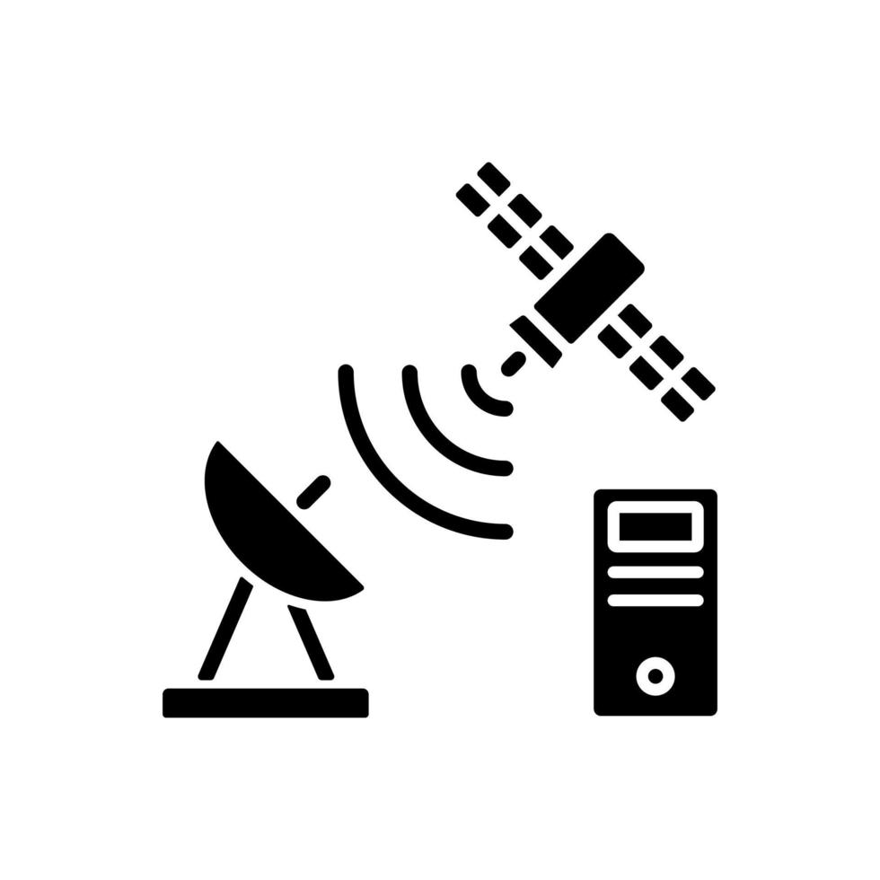 tcp over satelliet zwart glyph-pictogram. protocolnormen voor transmissiecontrole. wereldwijde telecommunicatienetwerkverbinding. silhouet symbool op witte ruimte. vector geïsoleerde illustratie