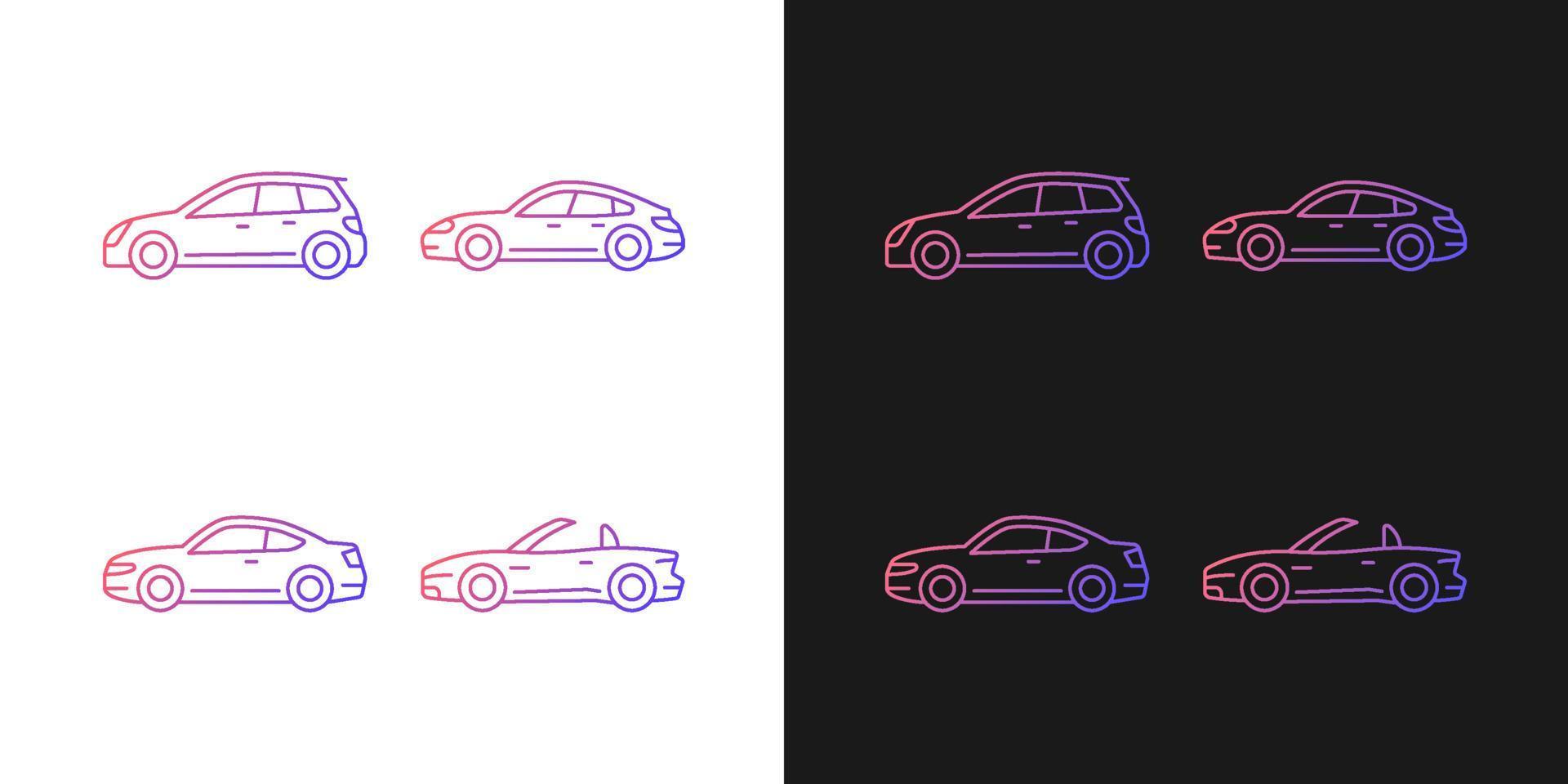praktische gradiëntpictogrammen voor sportwagens voor de donkere en lichte modus. hatchback-model. sportieve sedan. dunne lijn contour symbolen bundel. geïsoleerde vector overzicht illustraties collectie op zwart-wit