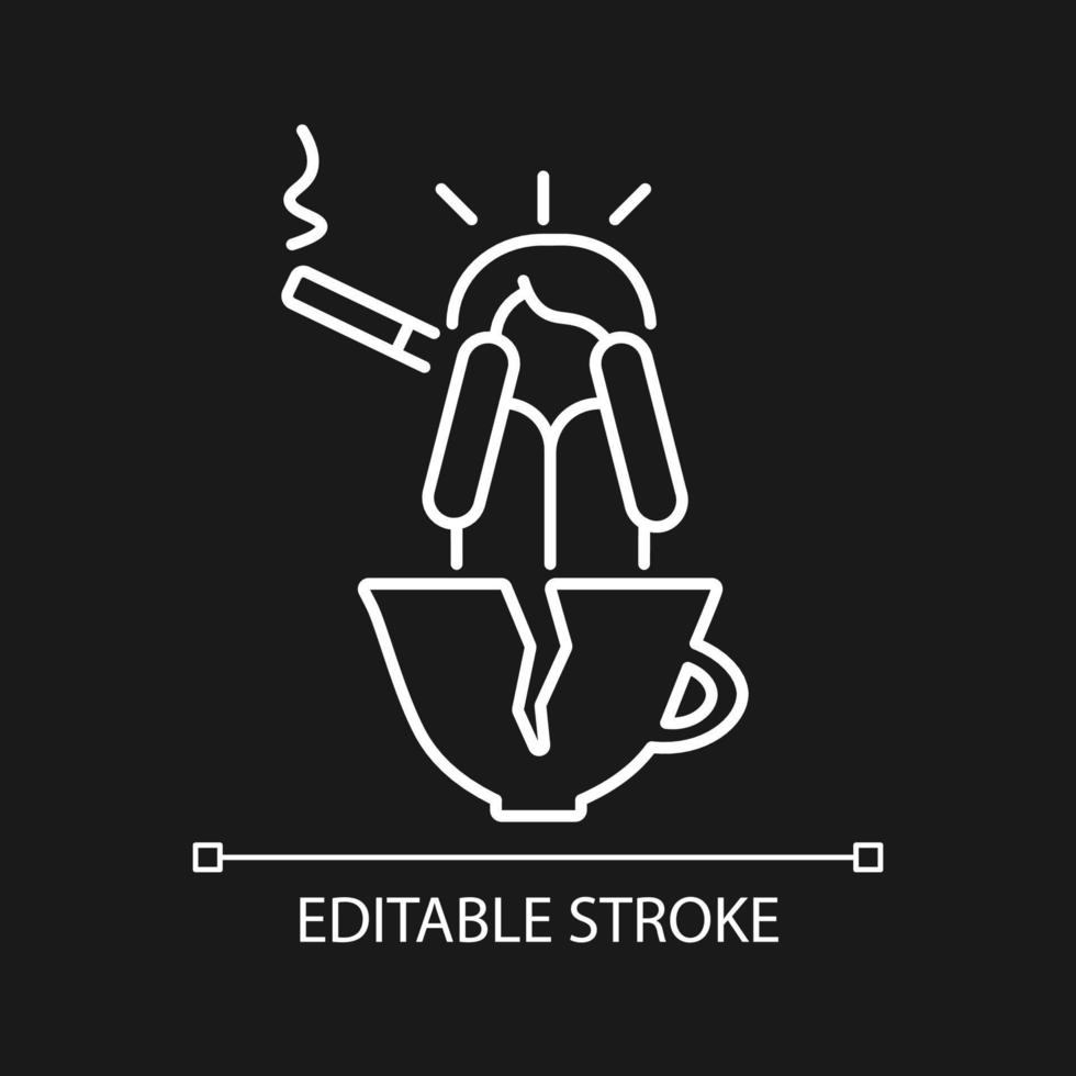 koffie en nicotine als paniek veroorzaakt een wit lineair pictogram voor een donker thema. mentale problemen. dunne lijn aanpasbare illustratie. geïsoleerd vectorcontoursymbool voor nachtmodus. bewerkbare streek vector