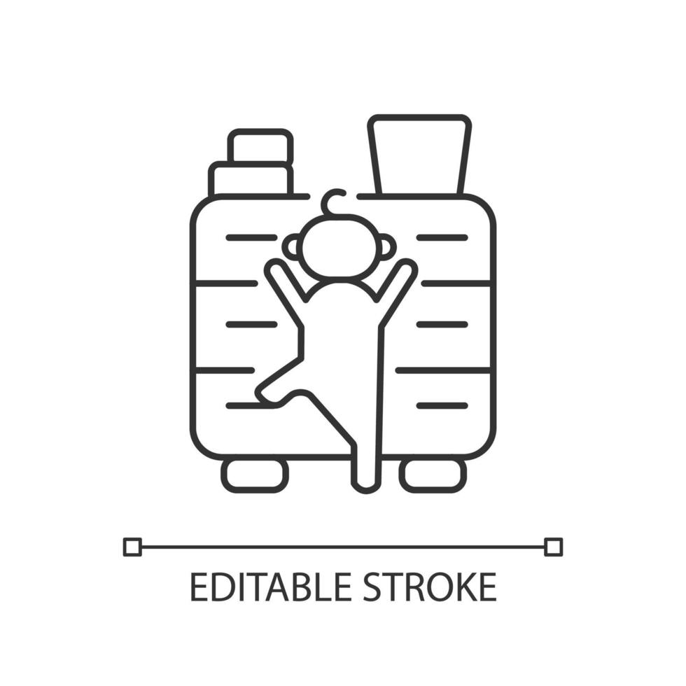 kind klimmen op meubels lineaire pictogram. veiligheid van kinderen in huis. ongeval voorzorg. dunne lijn aanpasbare illustratie. contour symbool. vector geïsoleerde overzichtstekening. bewerkbare streek