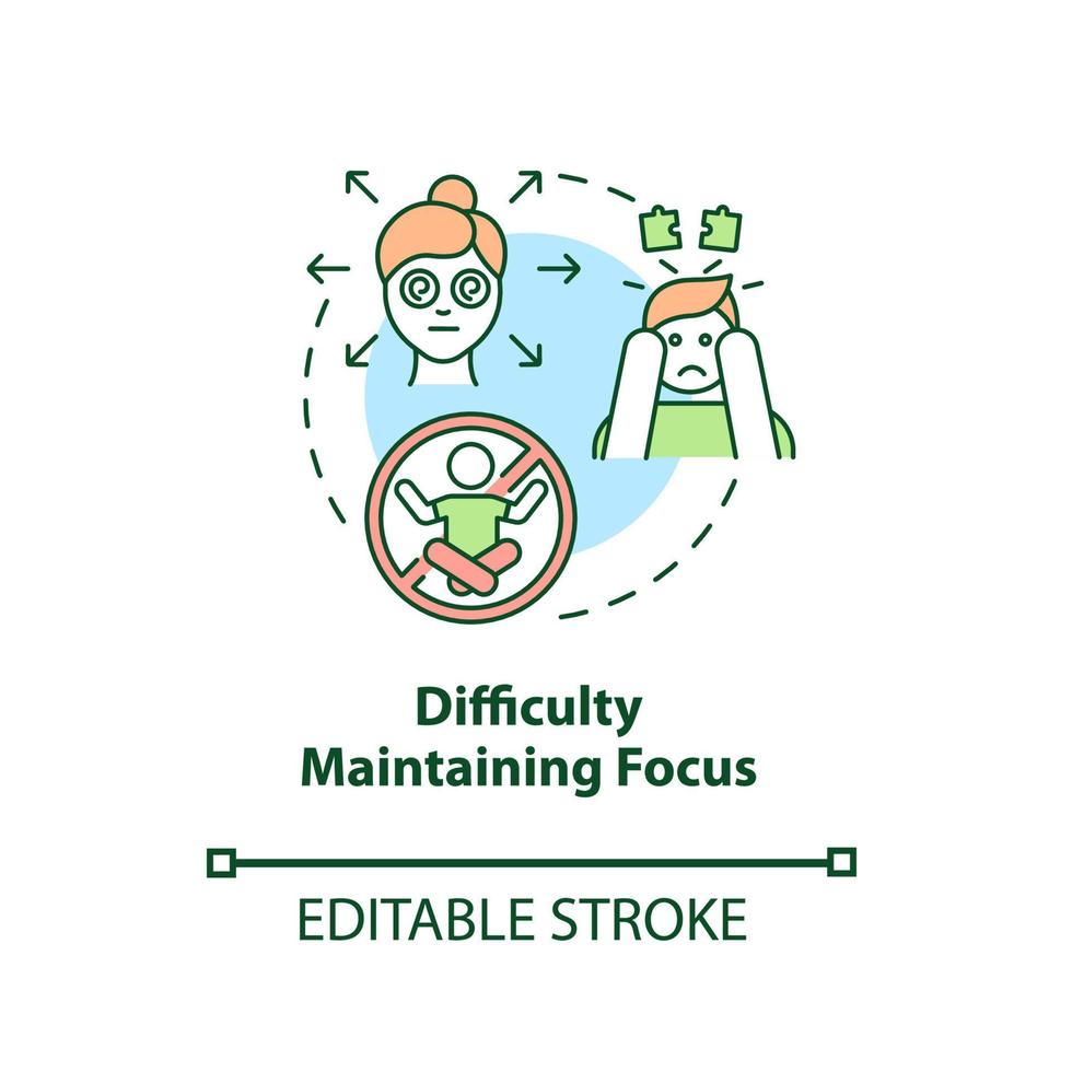 moeilijkheid om focus concept icoon te behouden. onoplettend symptoom abstracte idee dunne lijn illustratie. verstrooid denken. moeite let op. vector geïsoleerde omtrek kleur tekening. bewerkbare streek