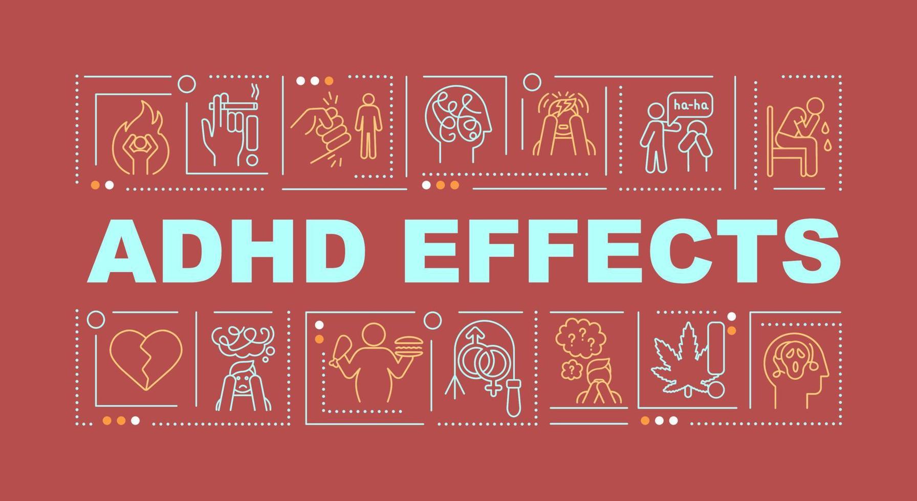 adhd effecten woord concepten banner. gewichtsproblemen. impulsief gedrag. infographics met lineaire pictogrammen op rode achtergrond. geïsoleerde creatieve typografie. vector overzicht kleur illustratie met tekst