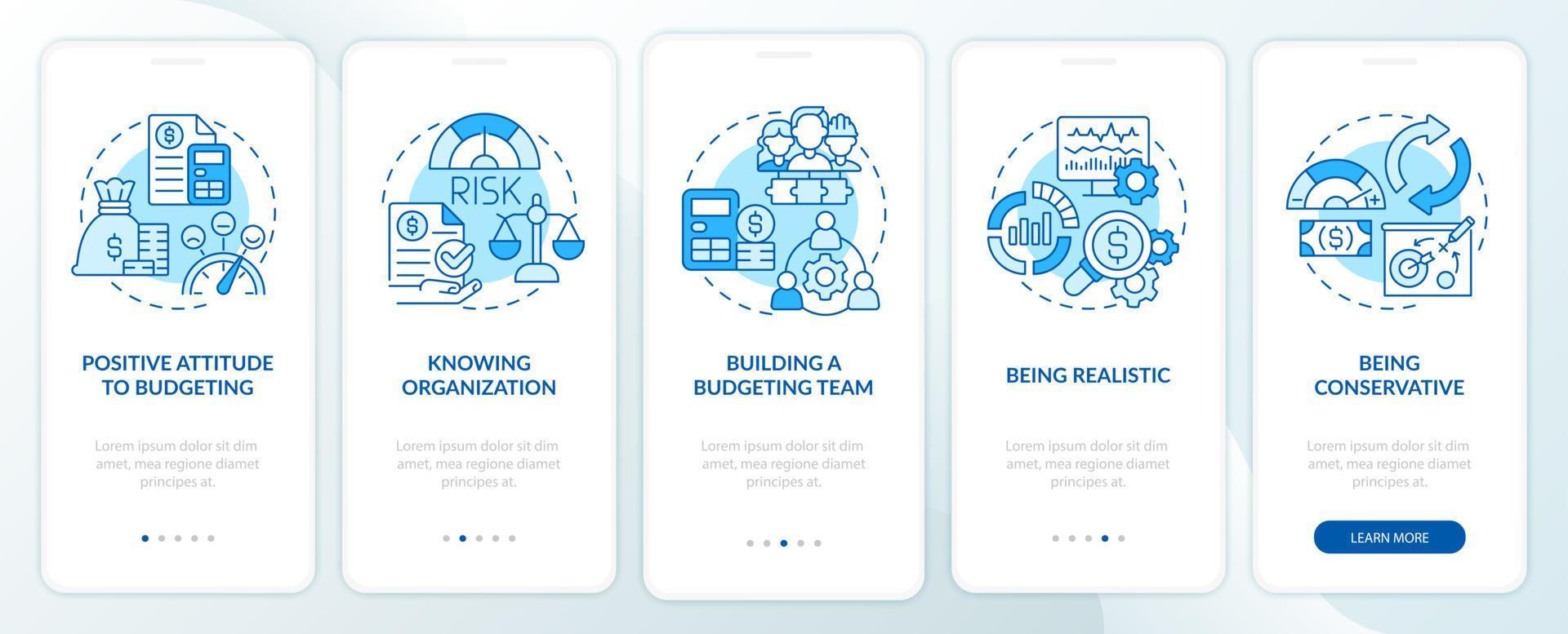 budgettering blauw onboarding mobiele app-scherm. financieel plan voor zakelijk overzicht 5 stappen grafische instructiepagina's met lineaire concepten. ui, ux, gui-sjabloon. talloze pro-bold, reguliere lettertypen gebruikt vector