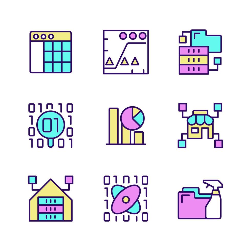 datamining in de industrie rgb kleur pixel perfecte iconen set. kennis ontdekken in data. analyseren en opslaan van informatie. geïsoleerde vectorillustraties. verzameling eenvoudige gevulde lijntekeningen vector