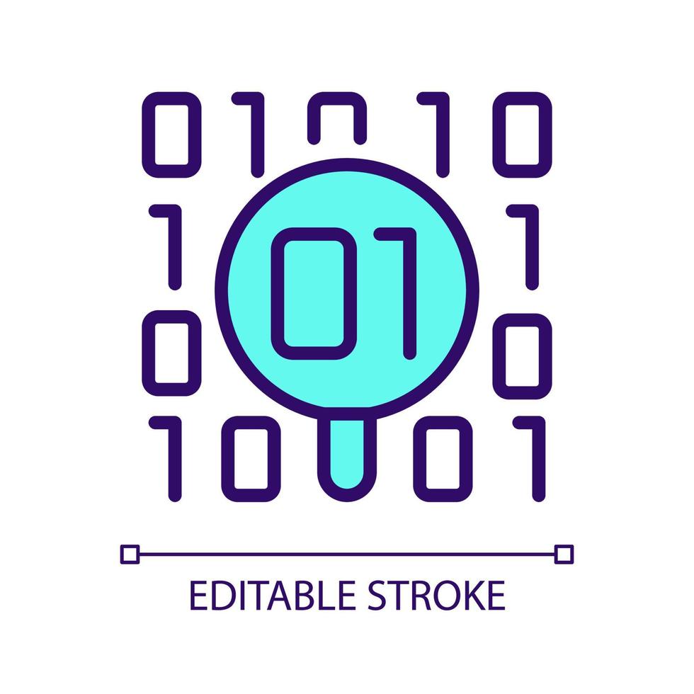 dataset checkup rgb kleur pixel perfect pictogram. op zoek naar fouten in binaire code. veiligheid van datamining. geïsoleerde vectorillustratie. eenvoudige gevulde lijntekening. bewerkbare streek. arial lettertype gebruikt vector