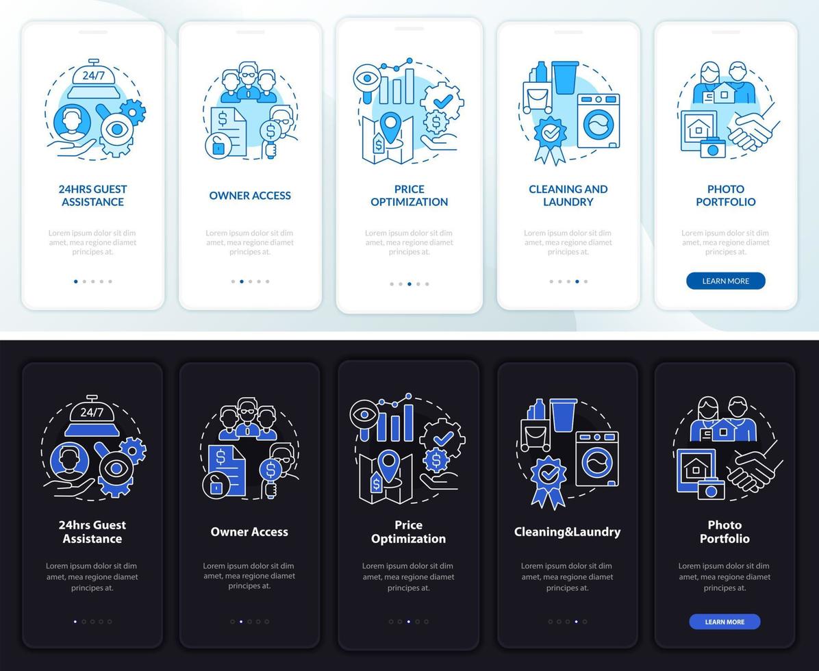 hotels eigendom nacht- en dagmodus onboarding mobiele app-scherm. services walkthrough 5 stappen grafische instructiepagina's met lineaire concepten. ui, ux, gui-sjabloon. talloze pro-bold, reguliere lettertypen gebruikt vector