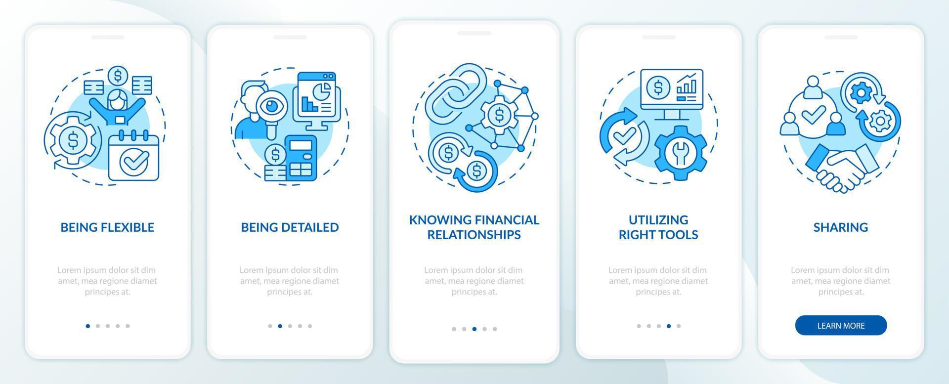 bedrijfsbudget blauw onboarding mobiel app-scherm. corporate finance walkthrough 5 stappen grafische instructiepagina's met lineaire concepten. ui, ux, gui-sjabloon. talloze pro-bold, reguliere lettertypen gebruikt vector