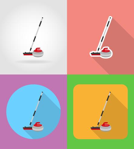 bezem en steen voor het curling van plat pictogrammen vector illustratie