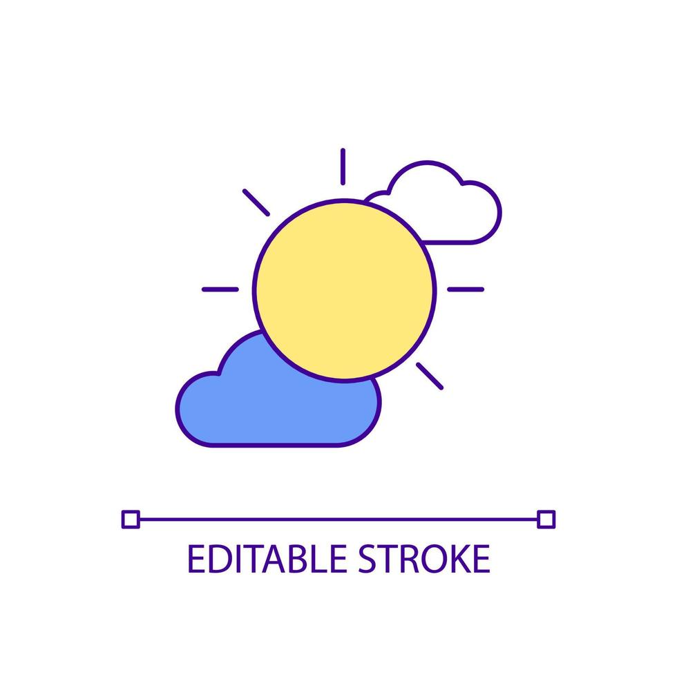 zonnige dag rgb-kleurenpictogram. positieve stemming. weervoorspelling. zon met wolken. Goedemorgen. fel zonlicht. geïsoleerde vectorillustratie. eenvoudige gevulde lijntekening. bewerkbare streek. arial lettertype gebruikt vector