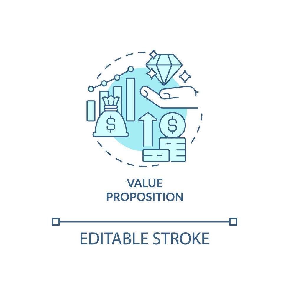waarde propositie turquoise concept icoon. bedrijf budgettering methode abstract idee dunne lijn illustratie. geïsoleerde overzichtstekening. bewerkbare streek. roboto-medium, talloze pro-bold lettertypen gebruikt vector