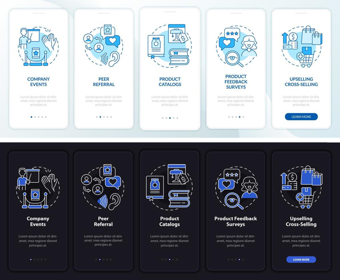 klantcontactpunten nacht- en dagmodus onboarding mobiele app-scherm. walkthrough 5 stappen grafische instructiepagina's met lineaire concepten. ui, ux, gui-sjabloon. talloze pro-bold, reguliere lettertypen gebruikt vector