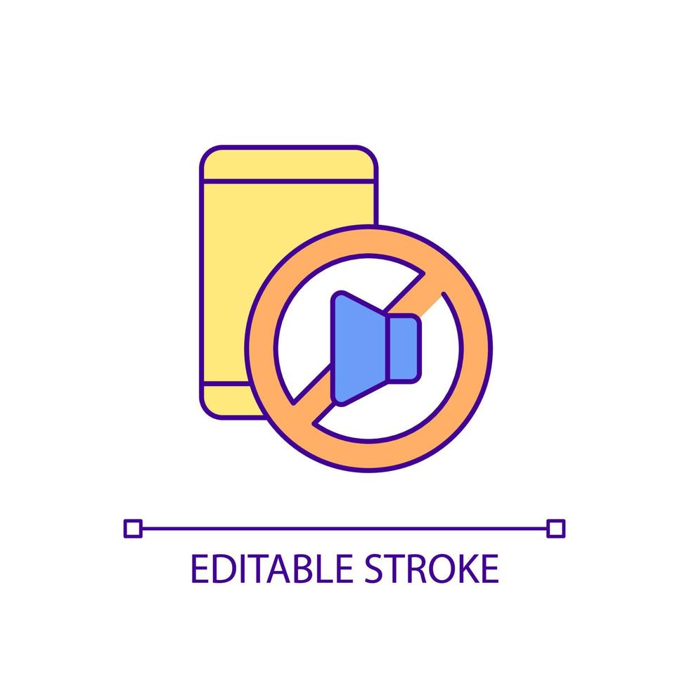 stille modus op rgb-kleurenpictogram van de telefoon. geluid uitschakelen op smartphone. geluidsinstellingen. etiquette voor mobiele telefoons. geïsoleerde vectorillustratie. eenvoudige gevulde lijntekening. bewerkbare streek. arial lettertype gebruikt vector