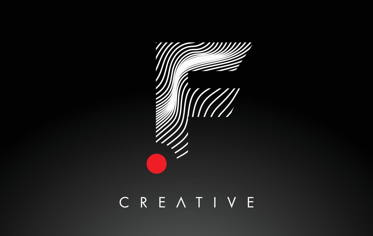 f letter logo met rode stip cirkel en warp lijnen ontwerp vector