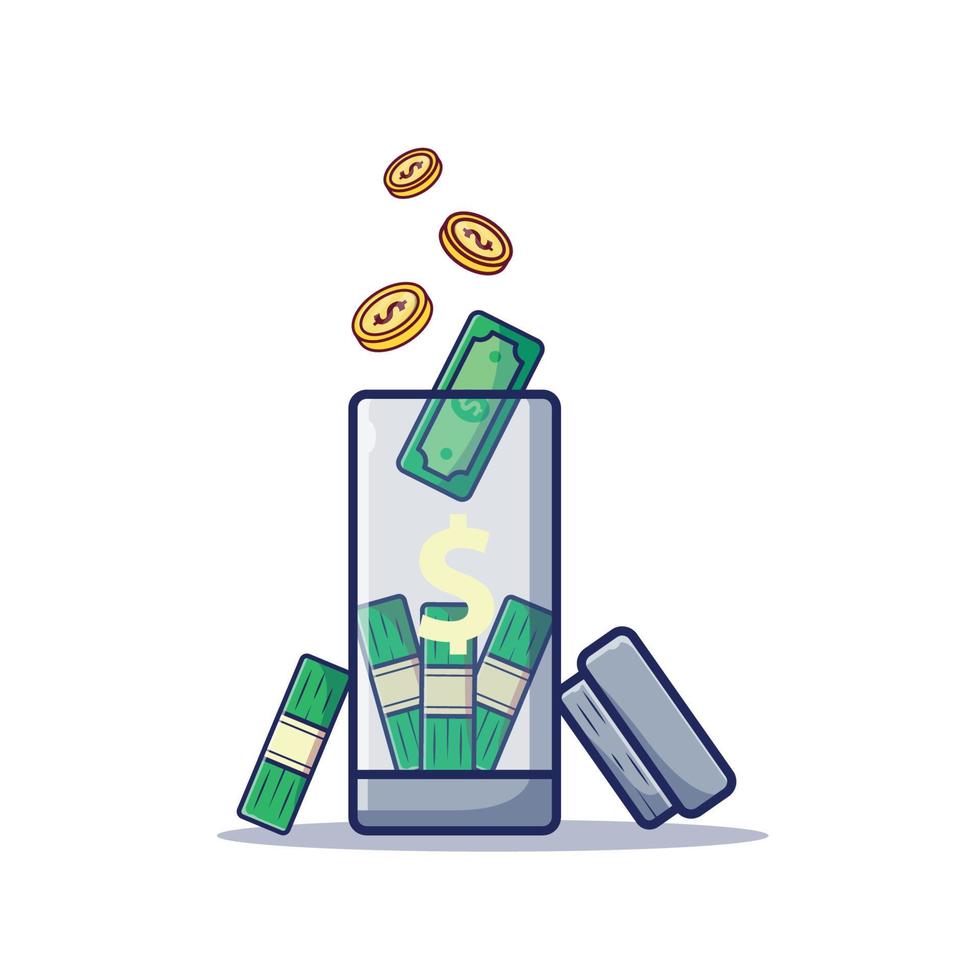 stapel geld en dollars munt in vak cartoon pictogram illustratie vlakke stijl op witte achtergrond voor web, bestemmingspagina, advertenties, advertentie, sticker, banner, vlieger, ontwerp vector