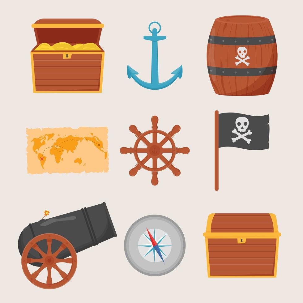 bundel piraat set geïsoleerd op een witte achtergrond. bundel piraat, schatkaart, scheepswiel, anker, ton vector