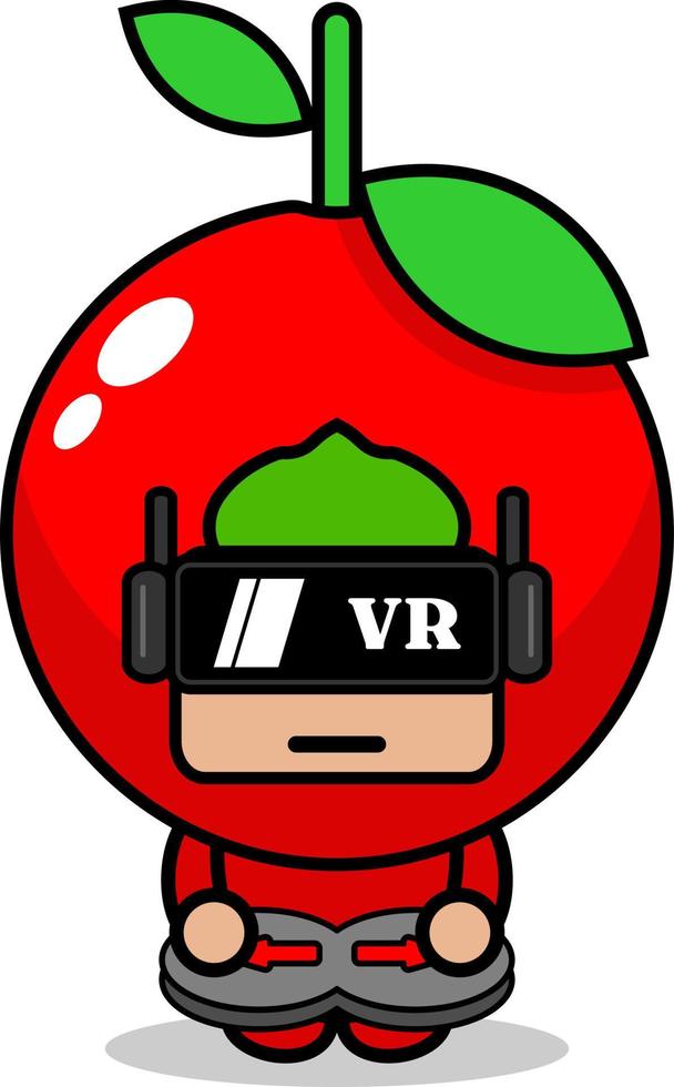 kersenfruit mascotte kostuum vector stripfiguur die virtual reality-game speelt