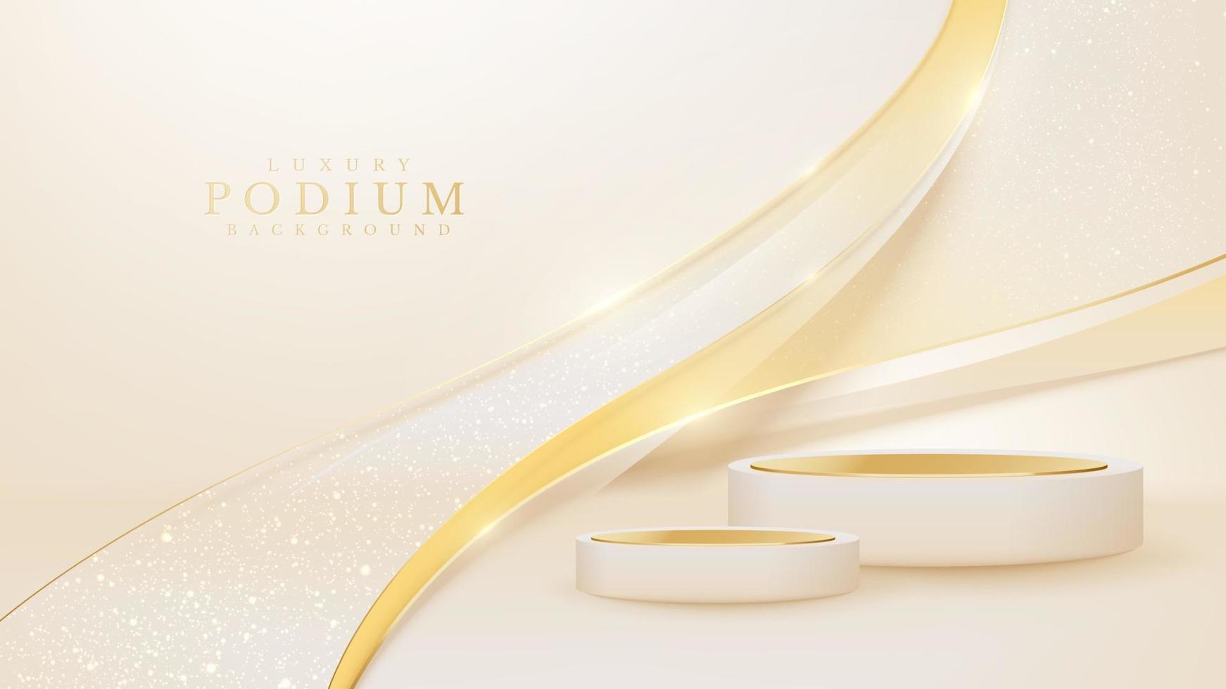 realistisch crèmepodium met elegante gouden curve-decoratie en glitter-lichteffect. vector