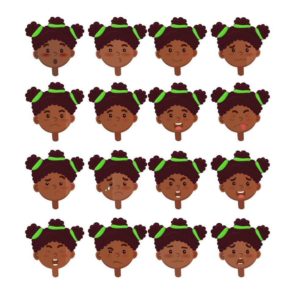 cartoon afbeelding van Afro-Amerikaanse meisje. set van zwarte kinderen emoties. gezichtsuitdrukking. cartoon meisje avatar. vectorillustratie van cartoon kind karakter vector