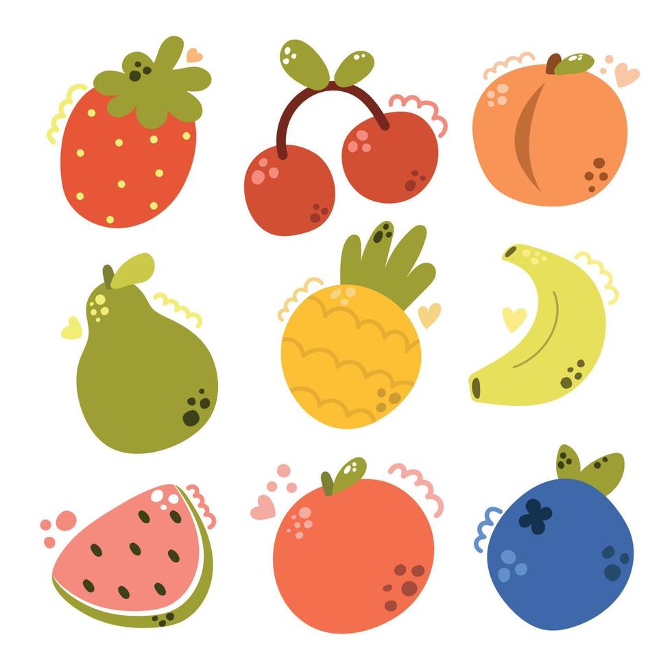 set van moderne handgetekende fruit, aardbei, kers, perzik, peer, ananas, banaan, watermeloen schijfje, appel en bosbes. vector