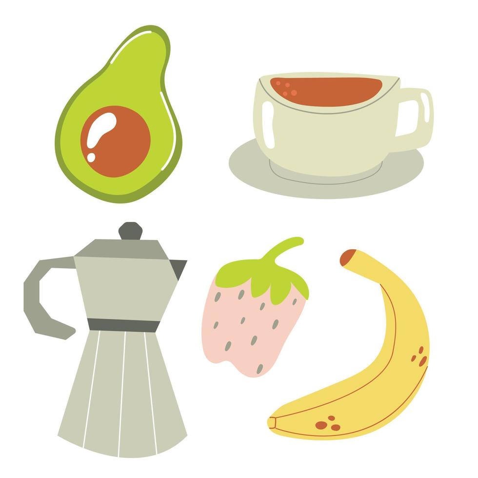 set handgetekende platte elementen van het ontbijt. koffie, fruit. vector