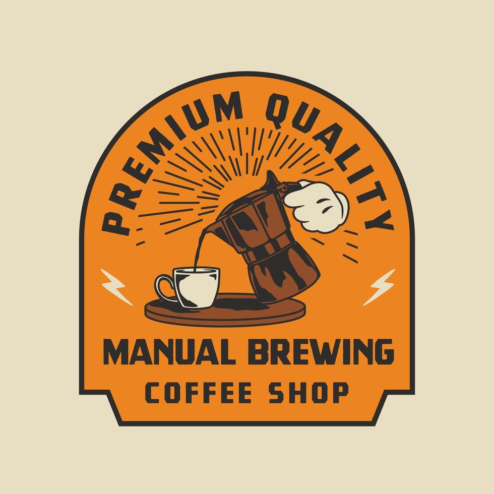 vintage moka pot handmatig brouwen coffeeshop logo badge handgemaakte vectorillustratie vector