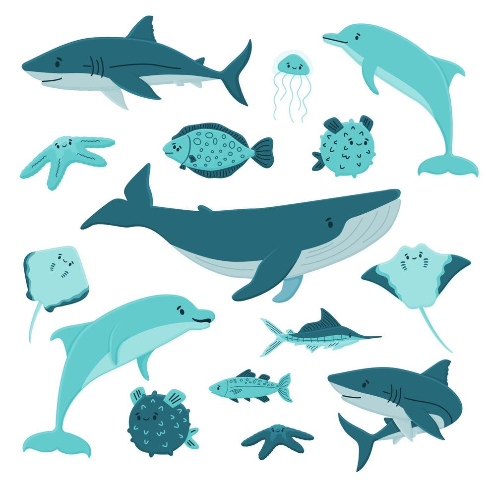 set van vector cartoon oceaan zee gelukkige dieren. walvis, dolfijn, haai, pijlstaartrog, kwallen, vissen, sterren. geïsoleerde dieren op een witte achtergrond, vlakke stijl. kan worden gebruikt voor kinderboek