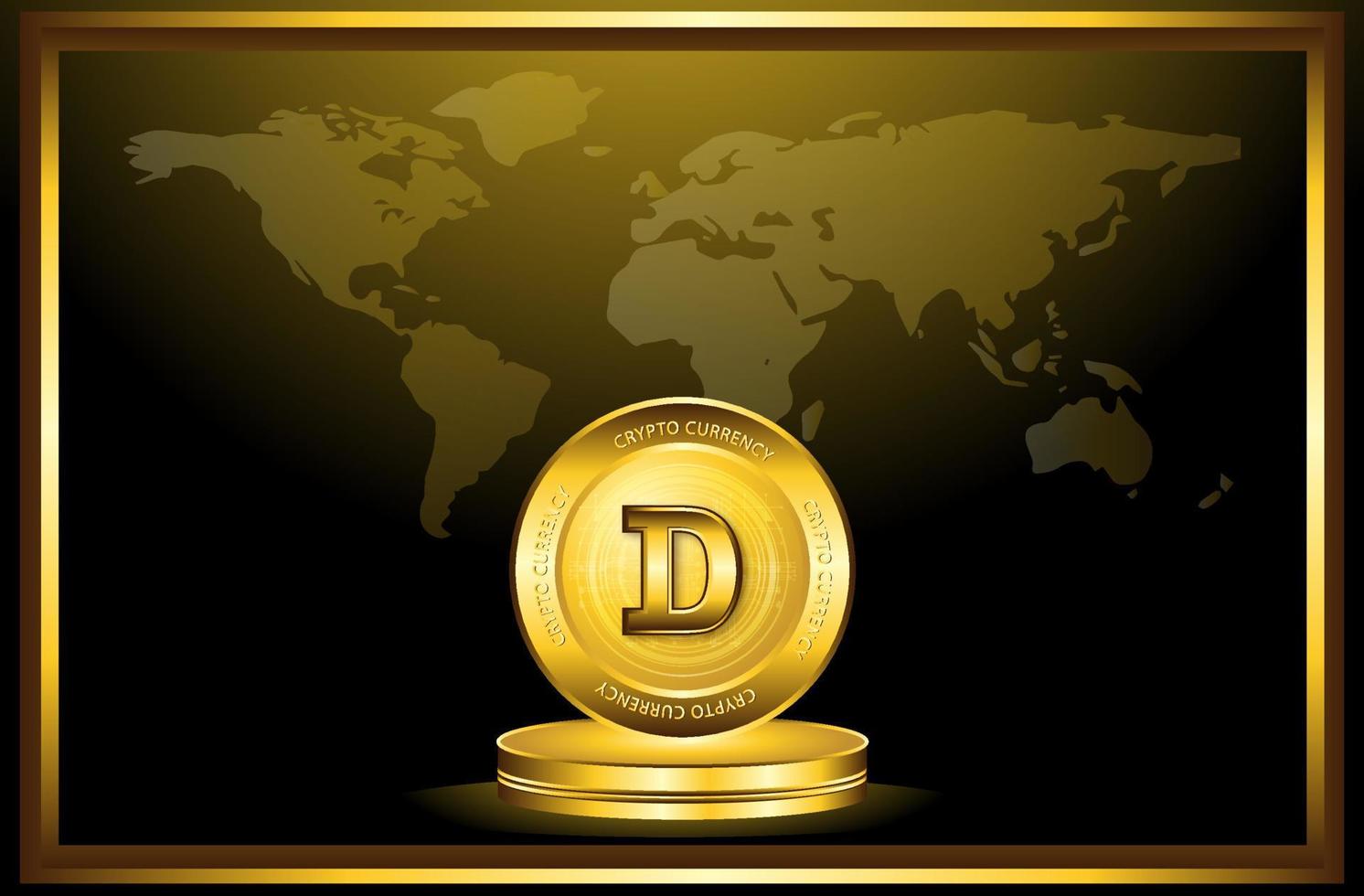 doge munt crypto valuta op podium frame art op de wereldkaart achtergrond vector